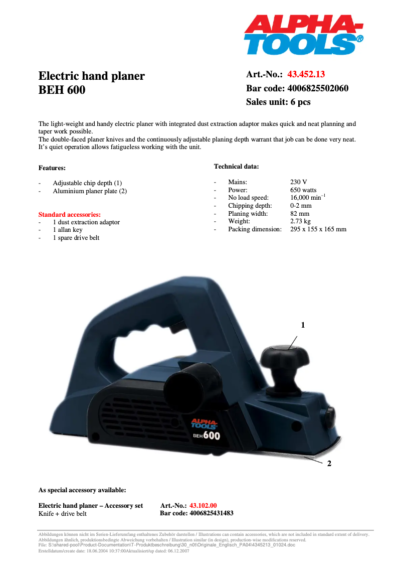 Page 1 de la notice Fiche technique Alpha Tools BEH 600