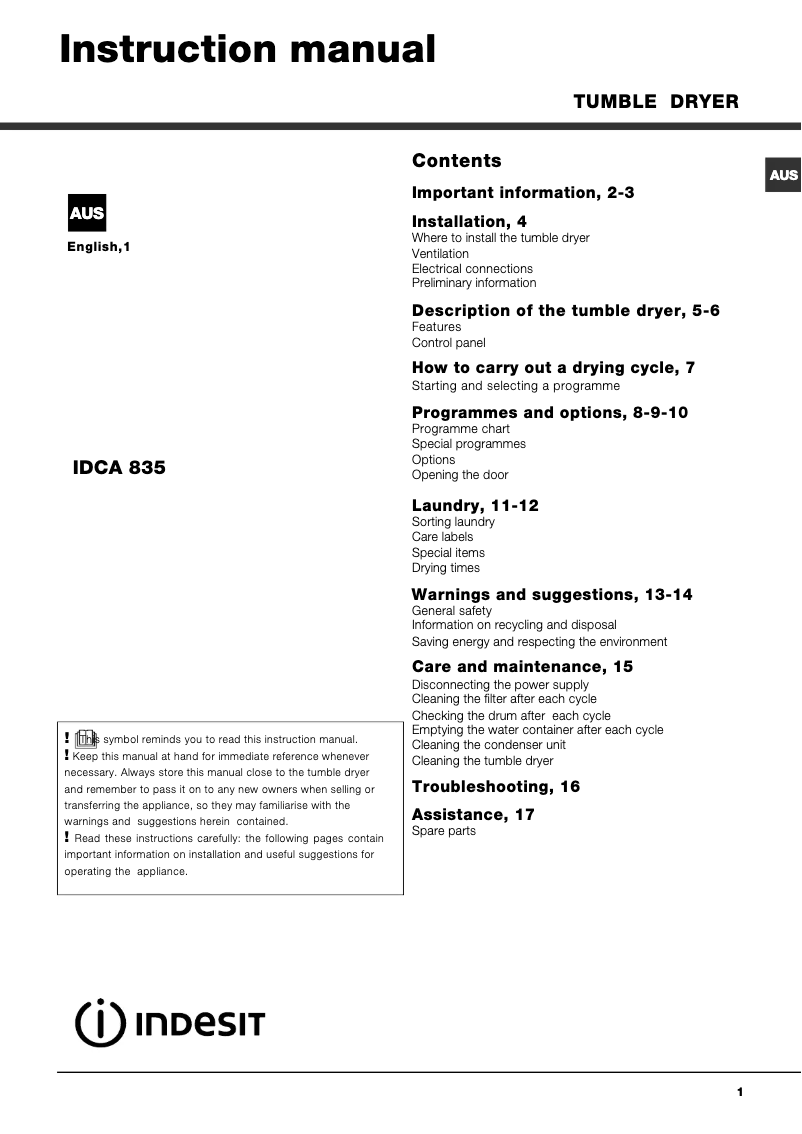 Image de la première page du manuel de l'appareil IDCA 835 B (AUS)