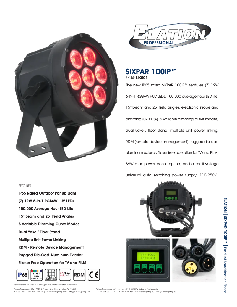 Page 1 de la notice Fiche technique Elation Sixpar 100IP