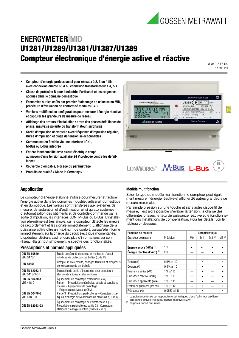 Page 1 de la notice Fiche technique Gossen Metrawatt U1281