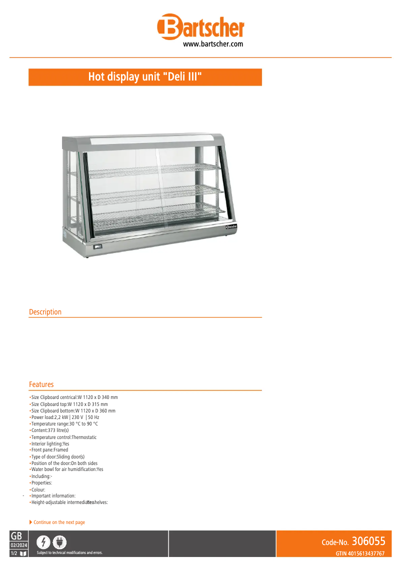 Page n°1 - Fiche technique Bartscher Deli 306055