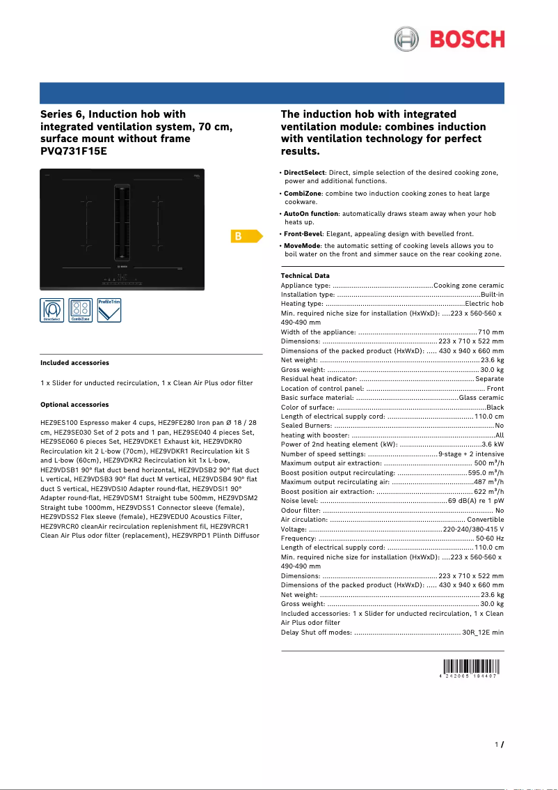 Page 1 de la notice Fiche technique Bosch PVQ731F15E