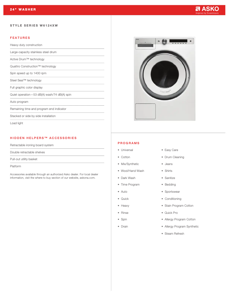 Página 1 del manual Ficha técnica Asko W6124X.W