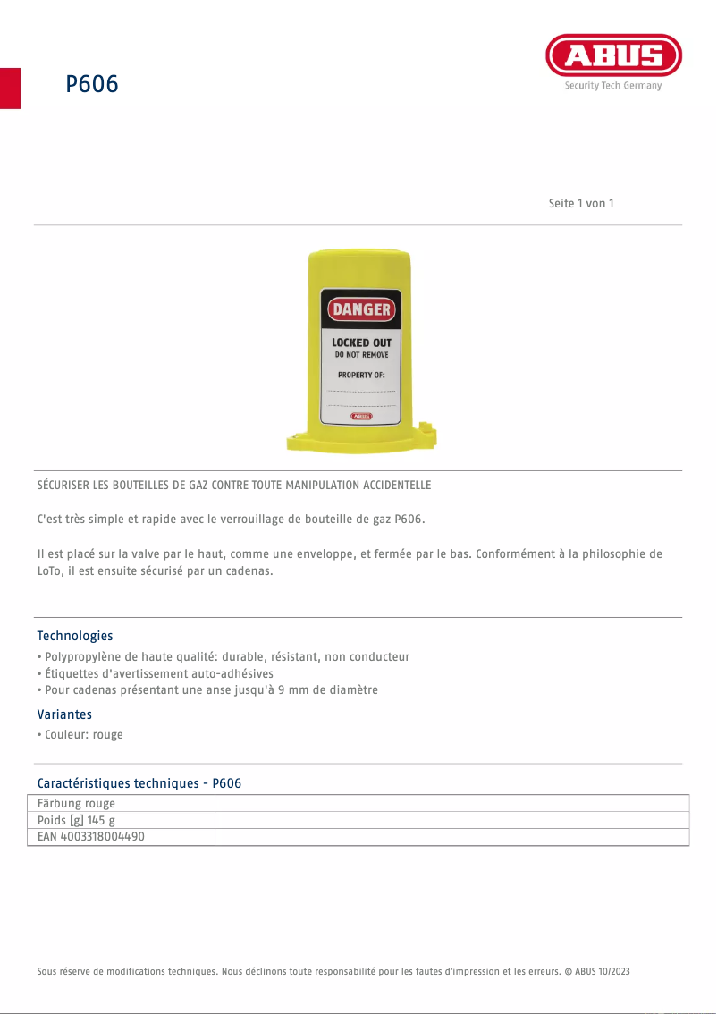 Page n°1 - Fiche technique Abus P606