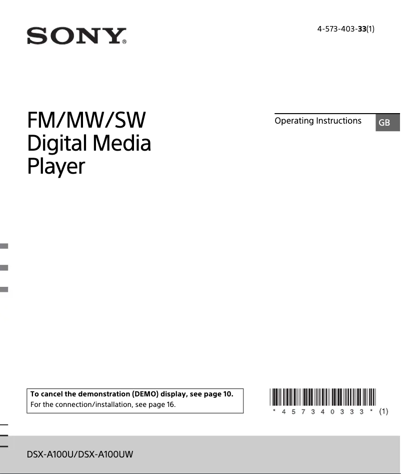 Page 1 de la notice Manuel utilisateur Sony DSX-A100U