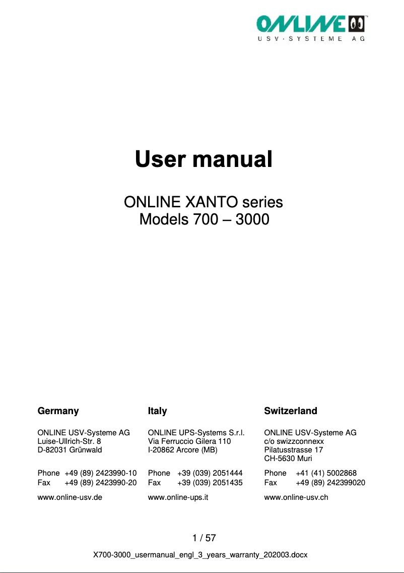 Page n°1 - Manuel utilisateur Online USV Xanto 1000R