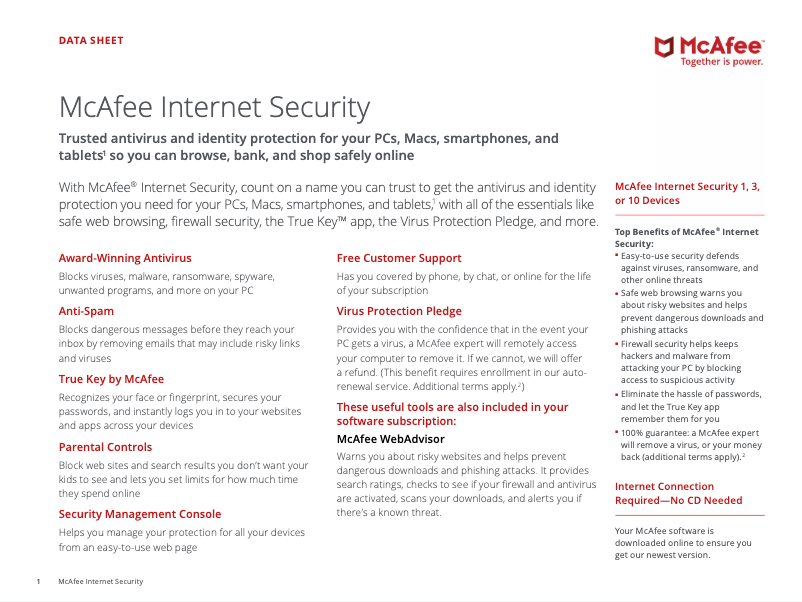 Page 1 de la notice Manuel utilisateur McAfee Internet Security 2019