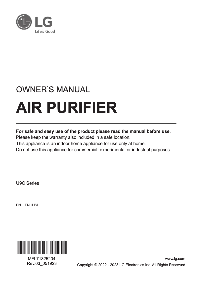 Page n°1 - Manuel utilisateur LG PuriCare AeroTower U9CV1C