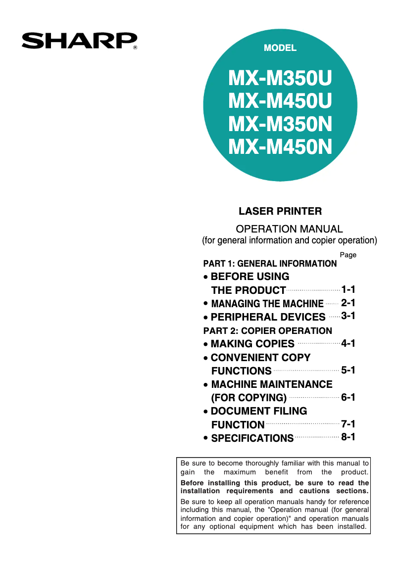 Page 1 de la notice Manuel utilisateur Sharp MX-M450N