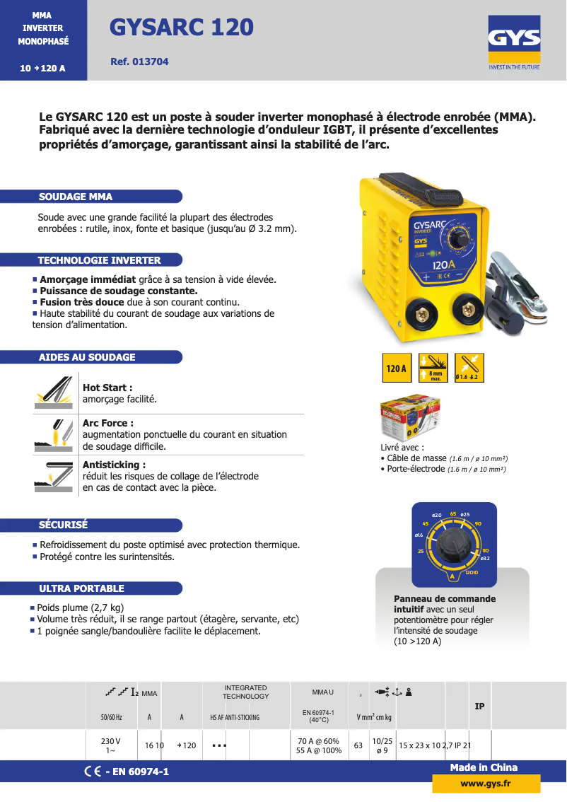 Page n°1 - Fiche technique GYS Gysarc 120