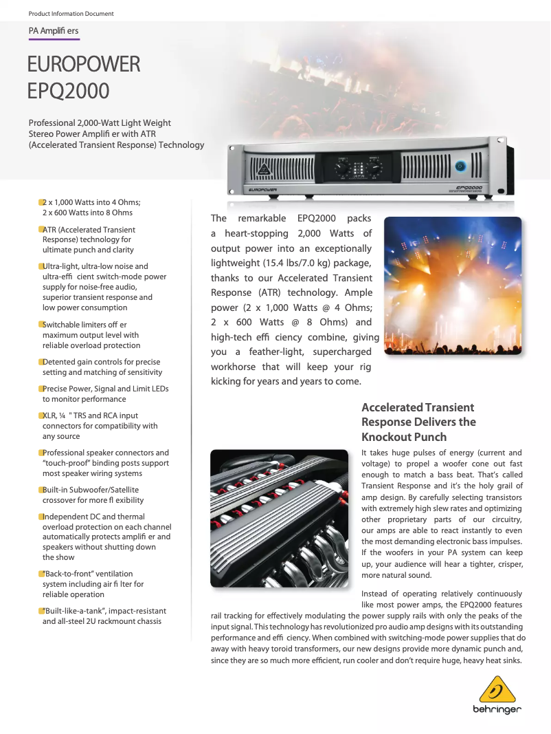 Page 1 de la notice Fiche technique Behringer Europower EPQ2000