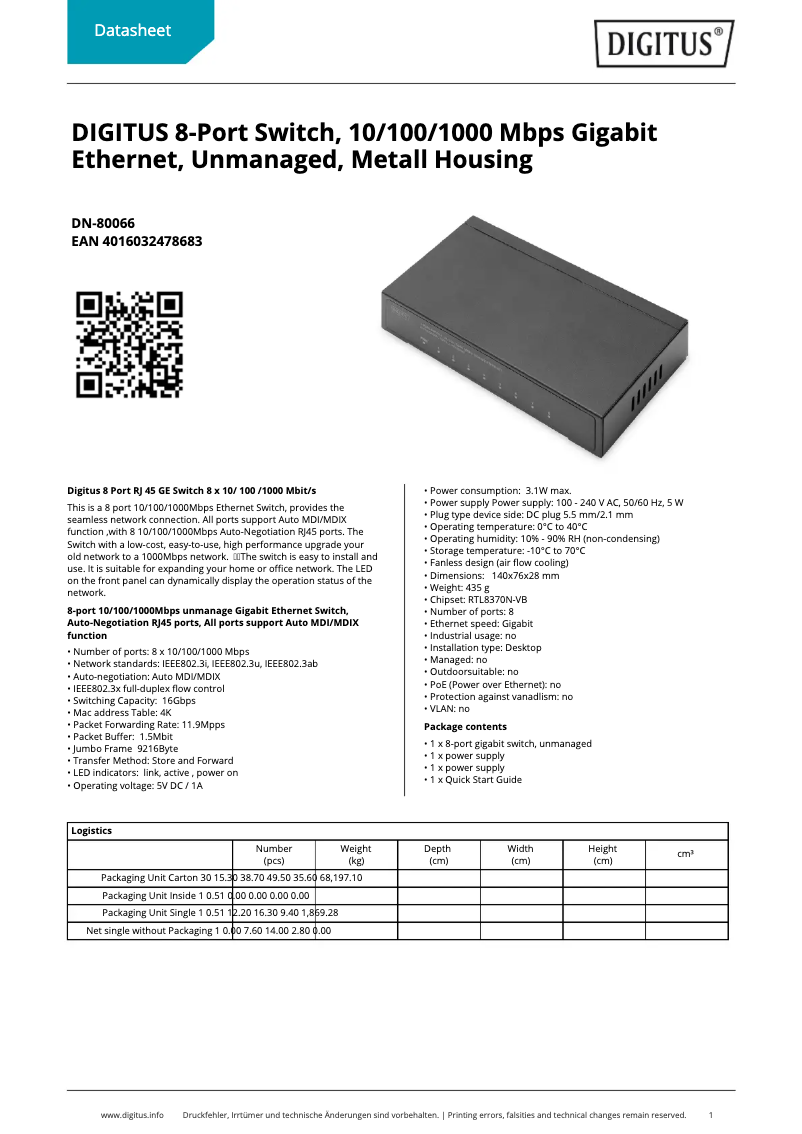 Page n°1 - Fiche technique Digitus DN-80066