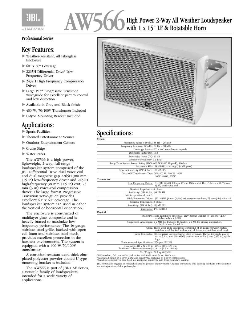 Page 1 de la notice Manuel utilisateur JBL AW566