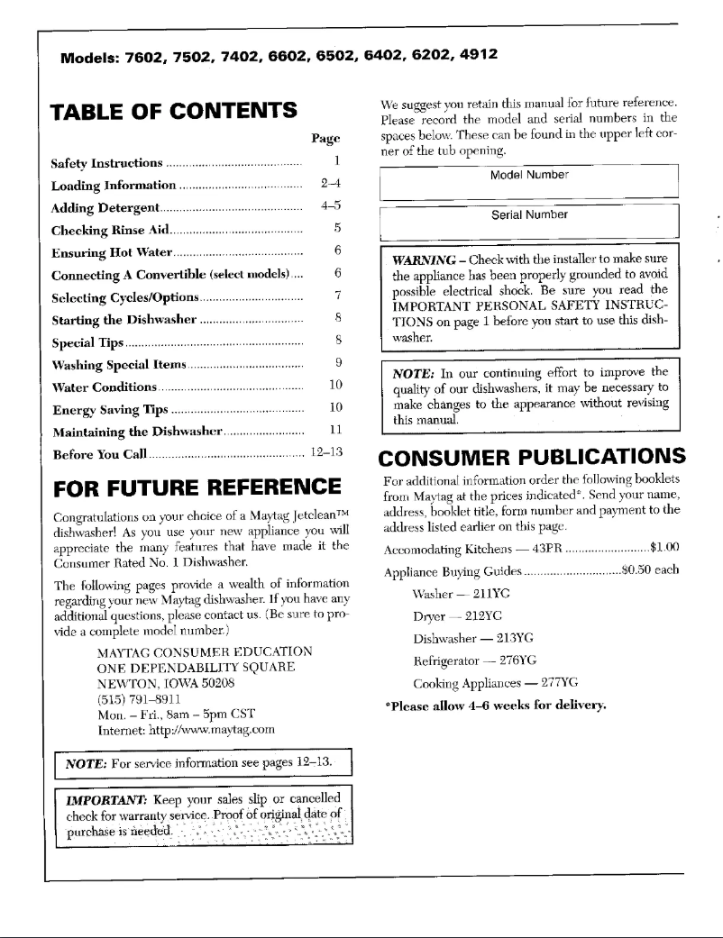 Page 1 de la notice Manuel utilisateur Maytag 7402