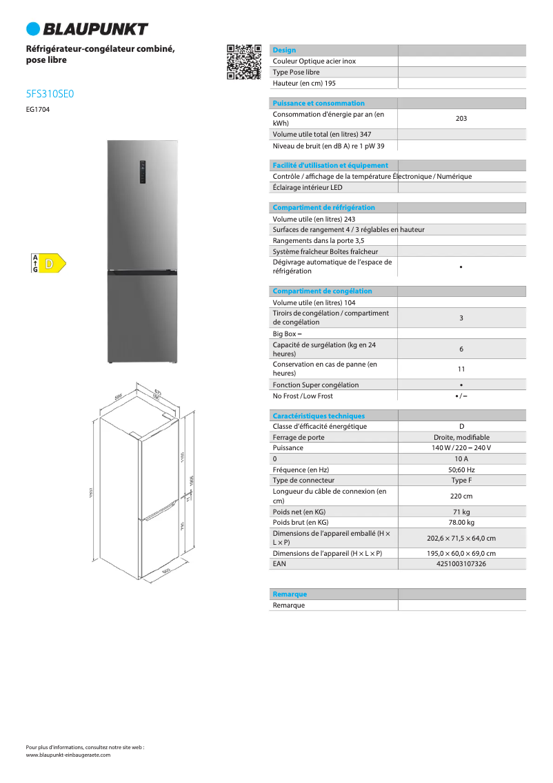 Page n°1 - Fiche technique Blaupunkt 5FS310SE0