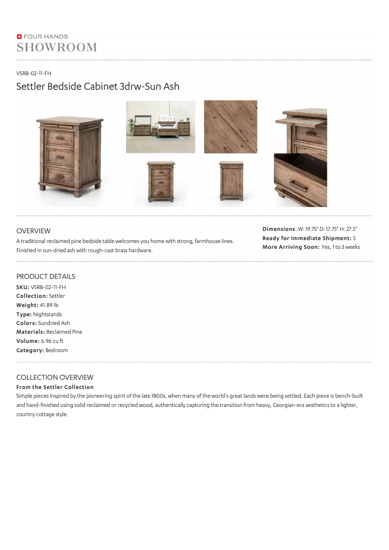 Page 1 de la notice Manuel utilisateur Four Hands Settler VSRB-02-11-FH