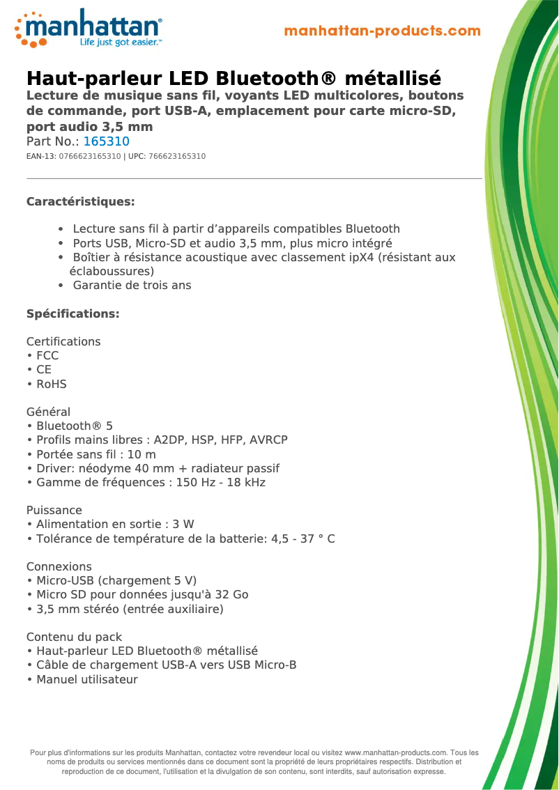 Page 1 de la notice Fiche technique Manhattan 165310