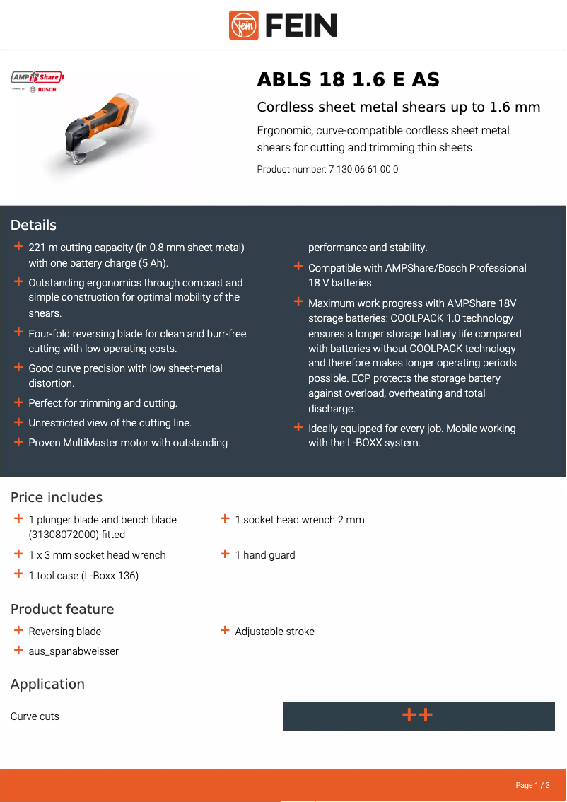Página 1 del manual Ficha técnica Fein ABLS 18 1.6 E AS