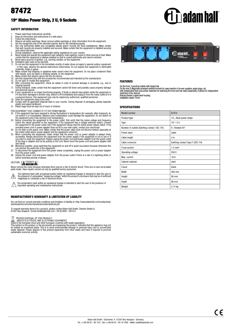 Page n°1 - Manuel utilisateur Adam Hall 87472