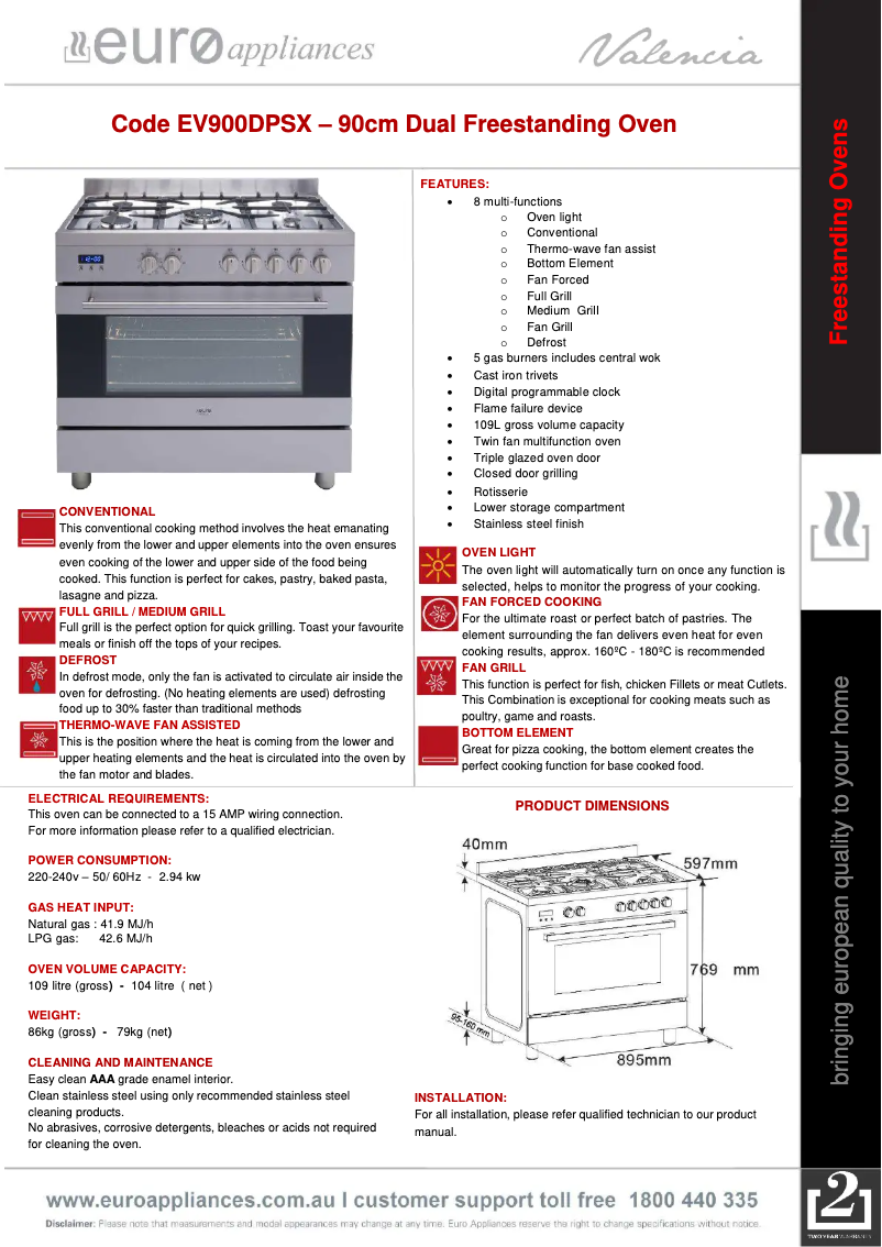 Página 1 del manual Ficha técnica Euro Appliances EV900DPSX