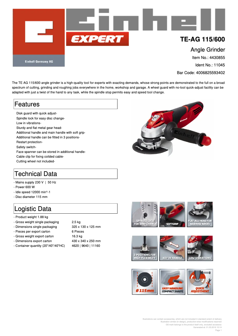 Page 1 de la notice Fiche technique Einhell TE-AG 115/600