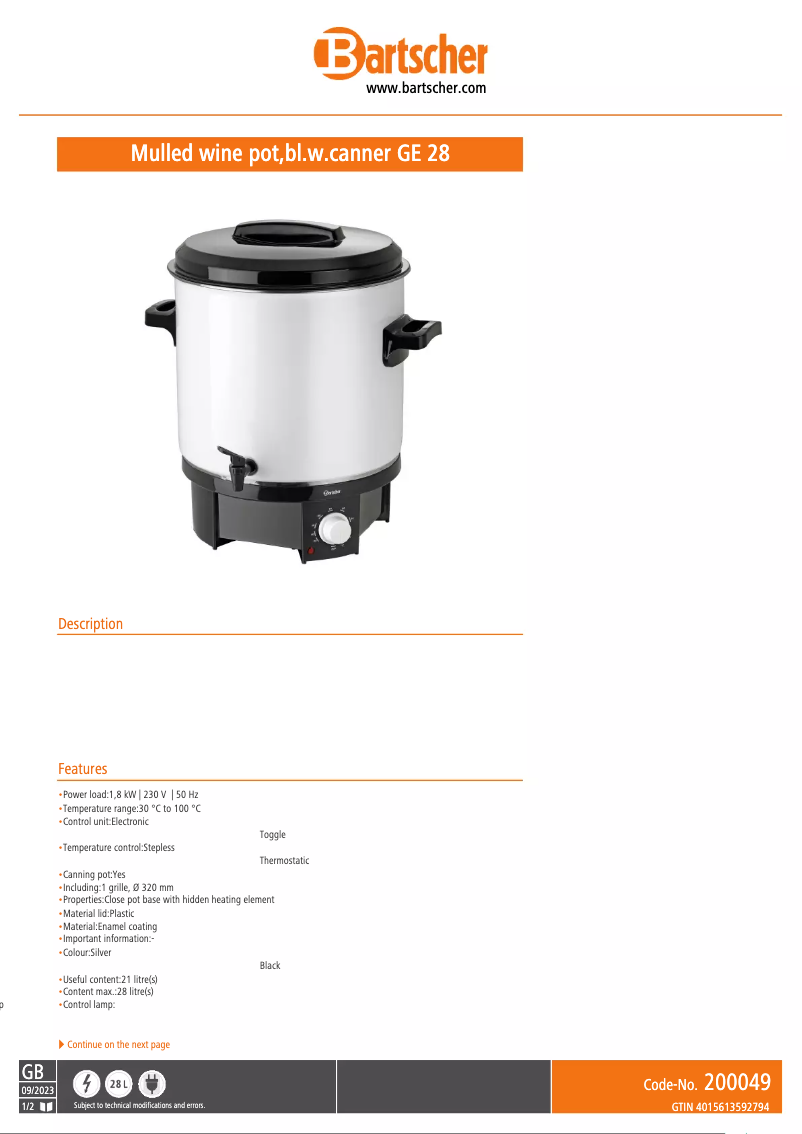 Page n°1 - Fiche technique Bartscher GE 28