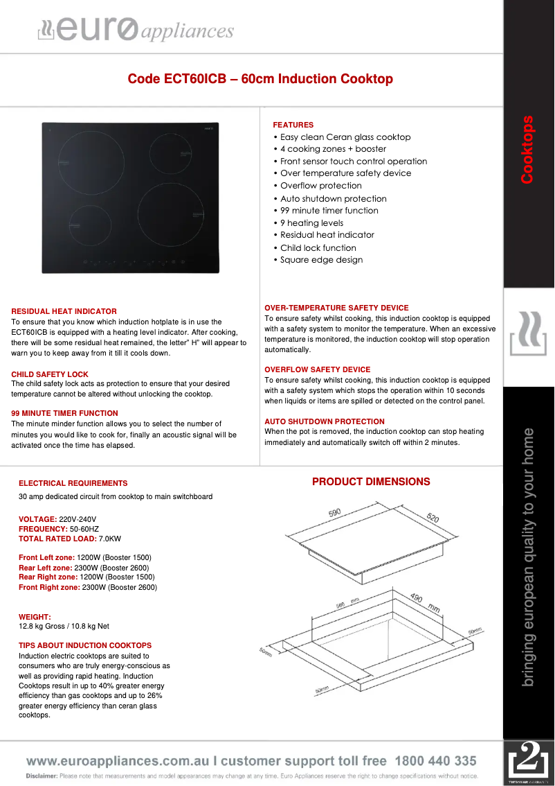 Page 1 de la notice Fiche technique Euro Appliances ECT60ICB