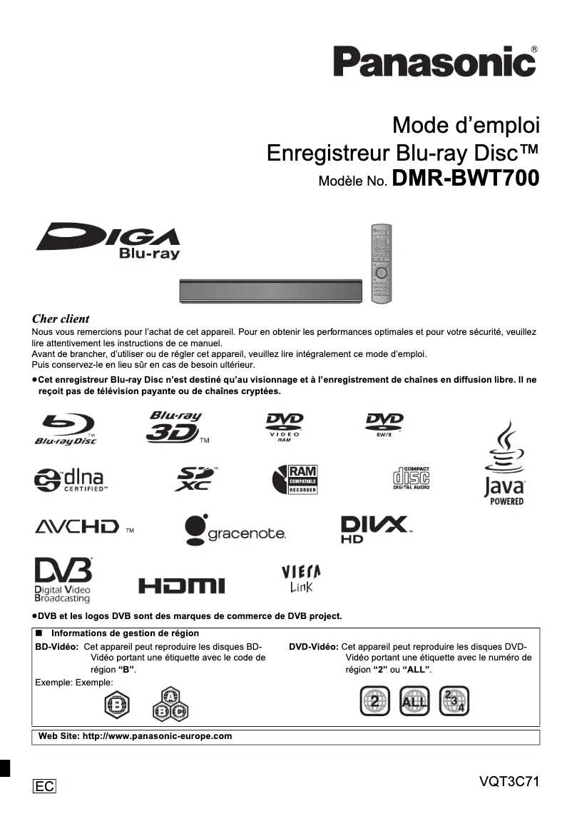 Page 1 de la notice Manuel utilisateur Panasonic DMR-BWT700