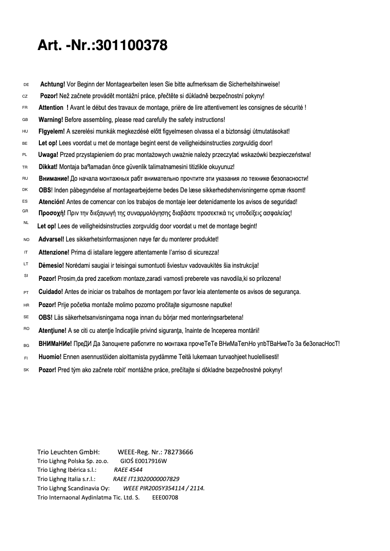 Page n°1 - Manuel utilisateur Trio Lighting Roddik 301100378