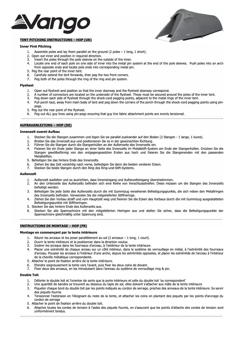 Page n°1 - Manuel utilisateur Vango Hop 300