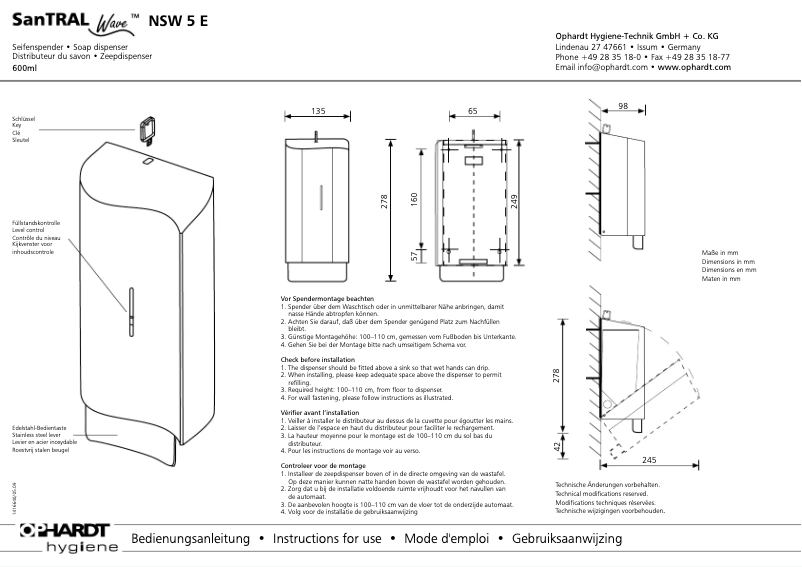 Page 1 de la notice Manuel utilisateur Ophardt SanTRAL Wave NSW 5 E
