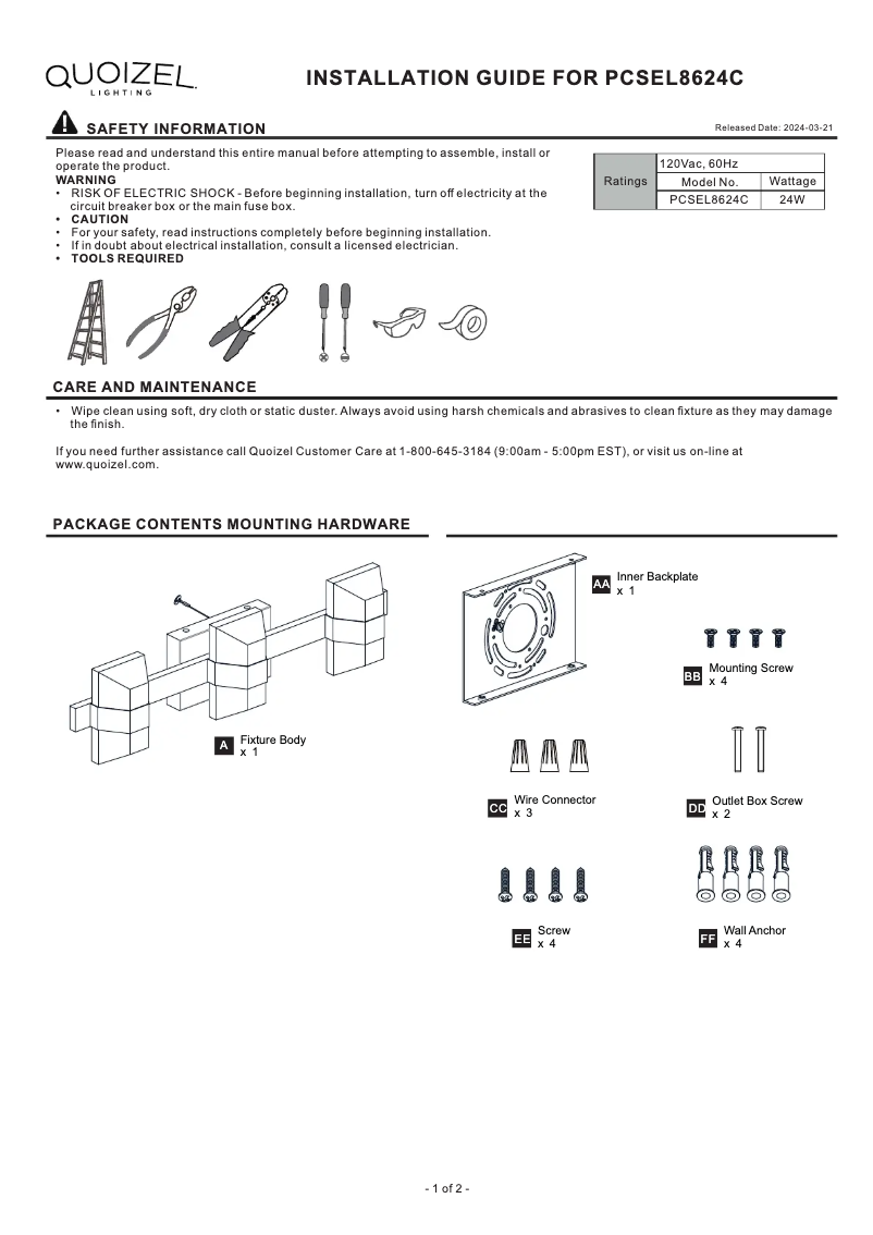 Page 1 de la notice Manuel utilisateur Quoizel Selena PCSEL8624C