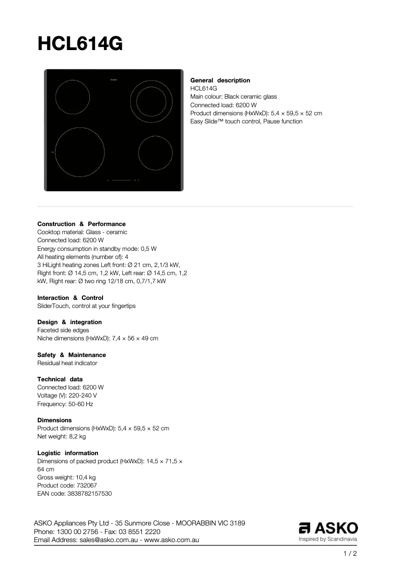 Page 1 de la notice Fiche technique Asko HCL614G