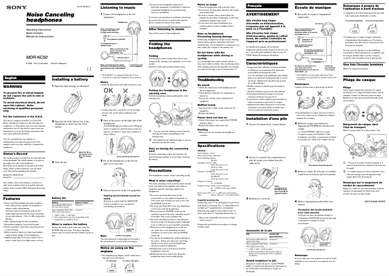 Image de la première page du manuel de l'appareil MDR-NC50