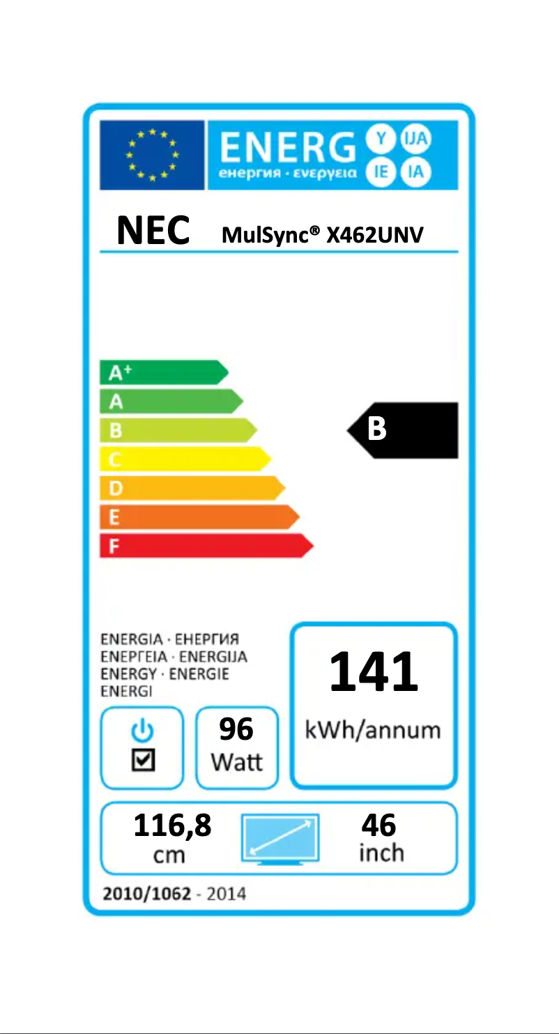 Page 1 de la notice Label énergétique NEC MultiSync X462UN