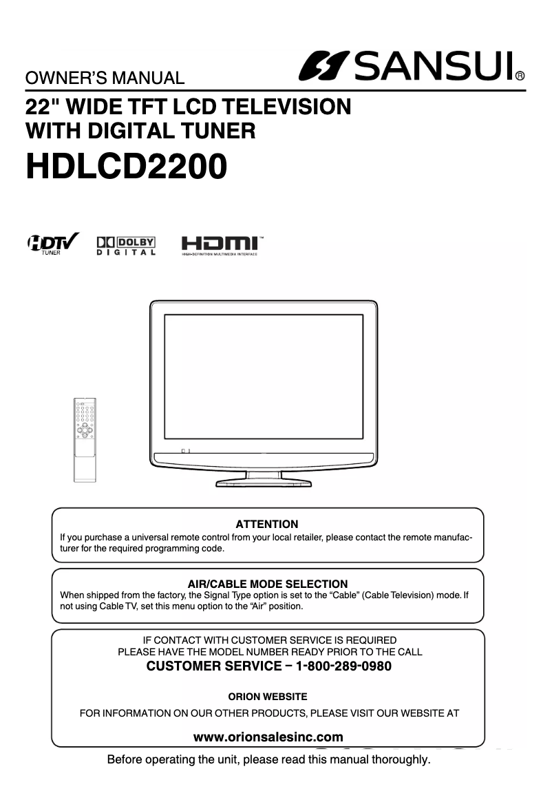 Image de la première page du manuel de l'appareil HDLCD2200