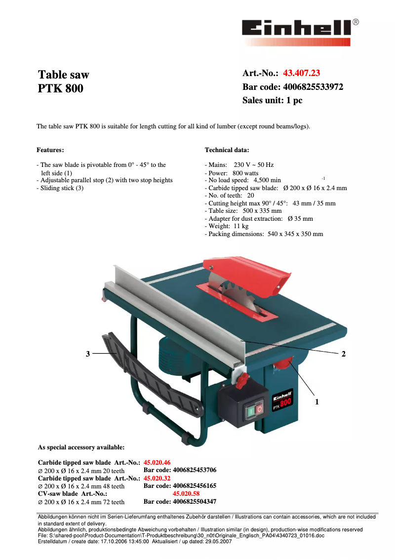 Page n°1 - Fiche technique Einhell PTK 800