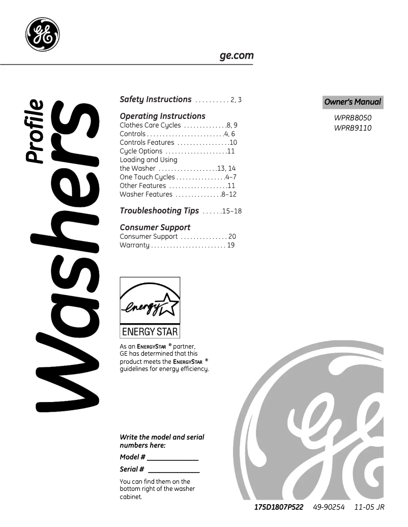 Image de la première page du manuel de l'appareil Profile WPRB8050DWW