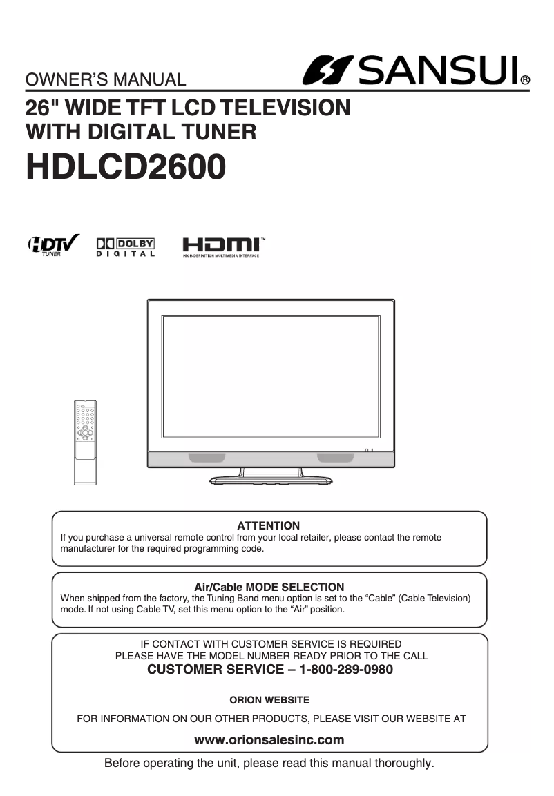 Image de la première page du manuel de l'appareil HDLCD2600
