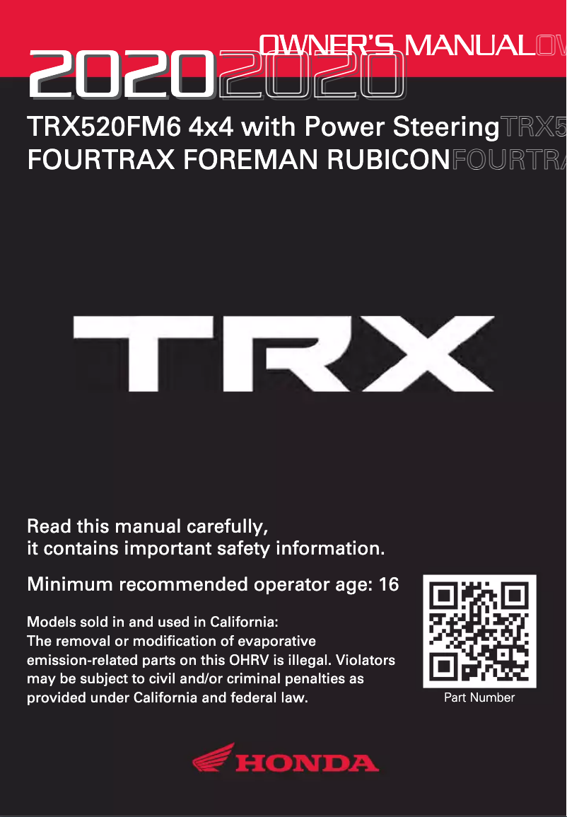 Page 1 de la notice Manuel utilisateur Honda FourTrax Foreman Rubicon TRX520FM6 (2020)