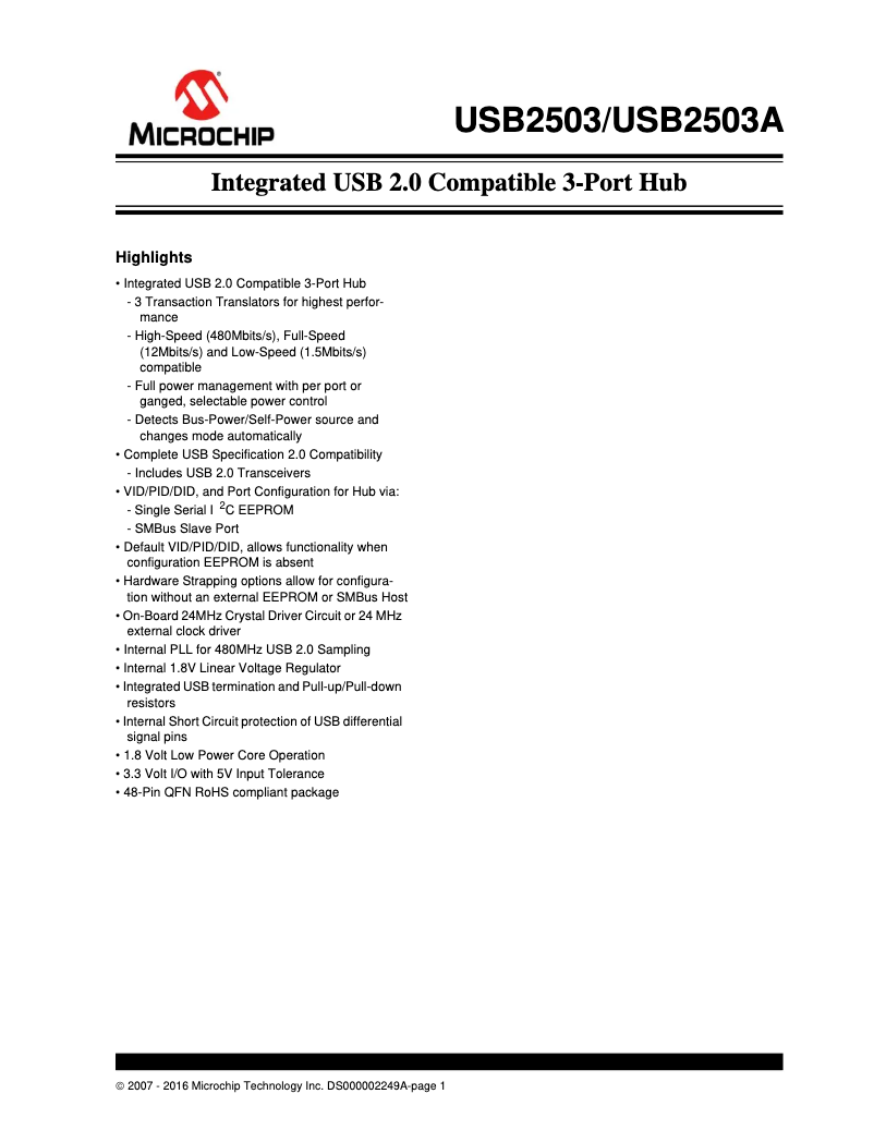 Page 1 de la notice Fiche technique Microchip USB2503A