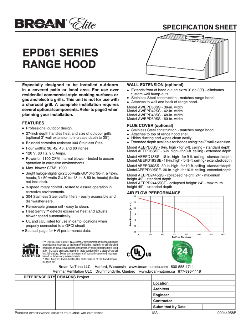 Page 1 de la notice Fiche technique Broan EPD6136SS