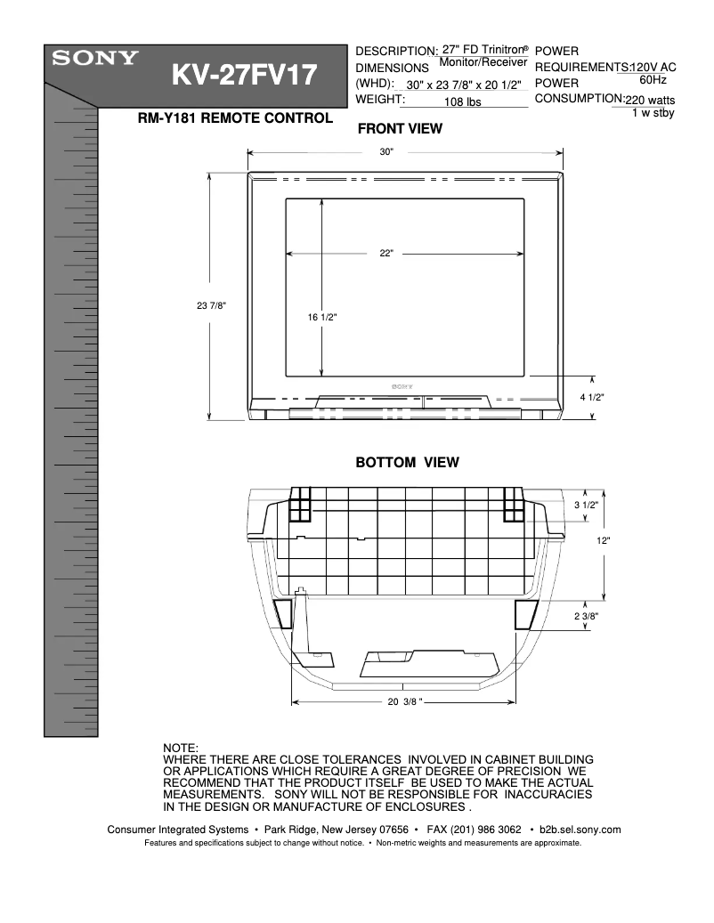 Page 1 de la notice Guide d'installation Sony KV-27FV17