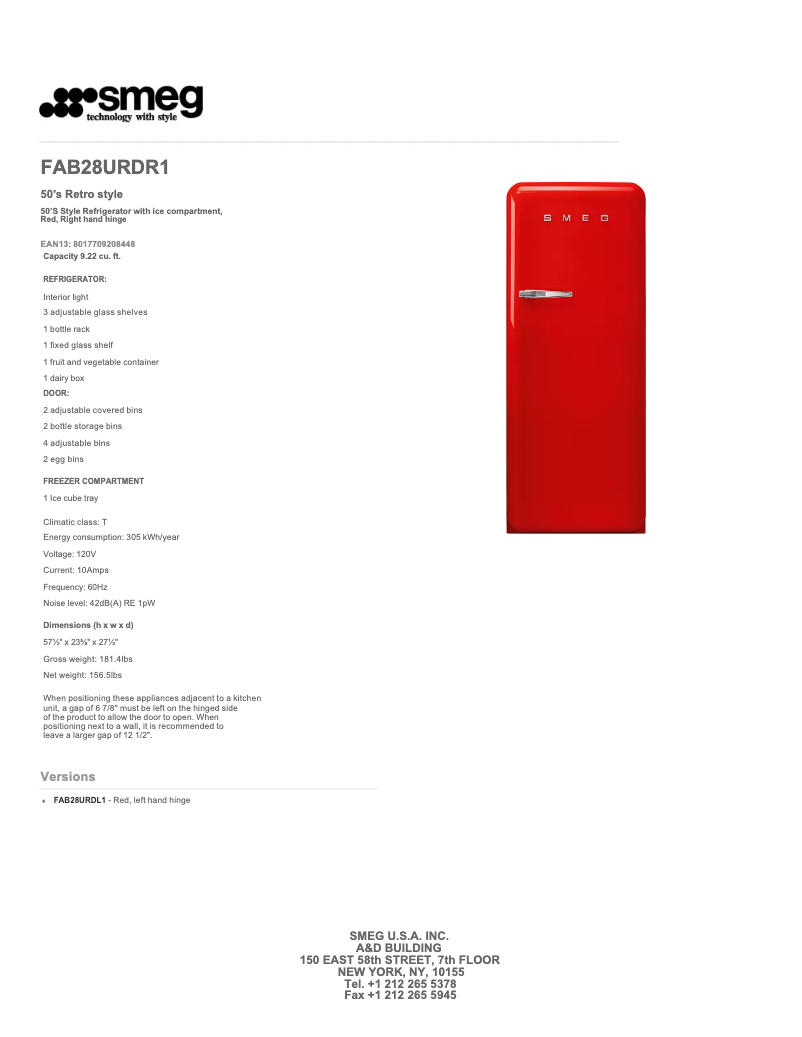 Page 1 de la notice Fiche technique Smeg FAB28UR1