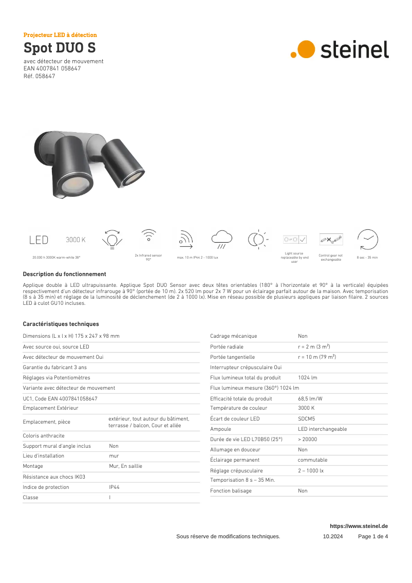 Page n°1 - Fiche technique Steinel Spot DUO SC