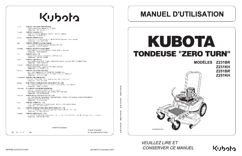 Page 1 de la notice Manuel utilisateur Kubota Z231KW-42