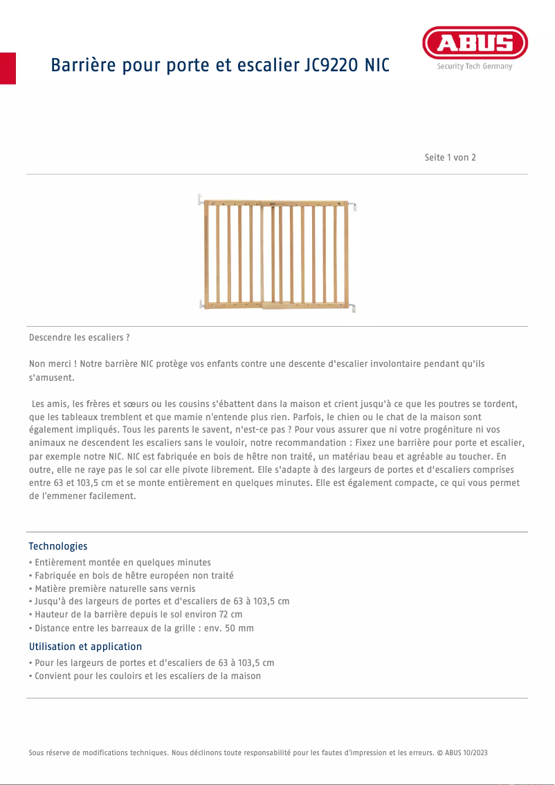 Page 1 de la notice Fiche technique Abus JC9220 Nic