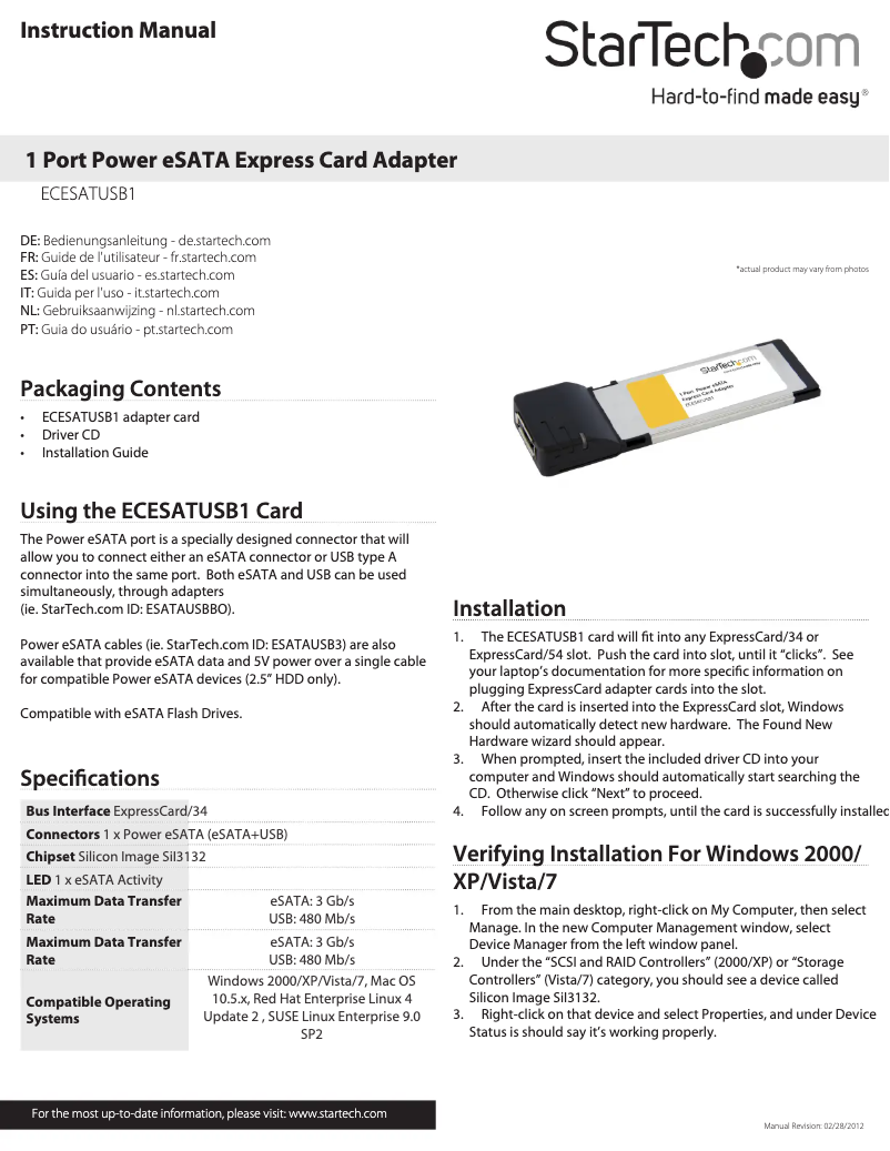 Page n°1 - Manuel utilisateur StarTech.com ECESATUSB1