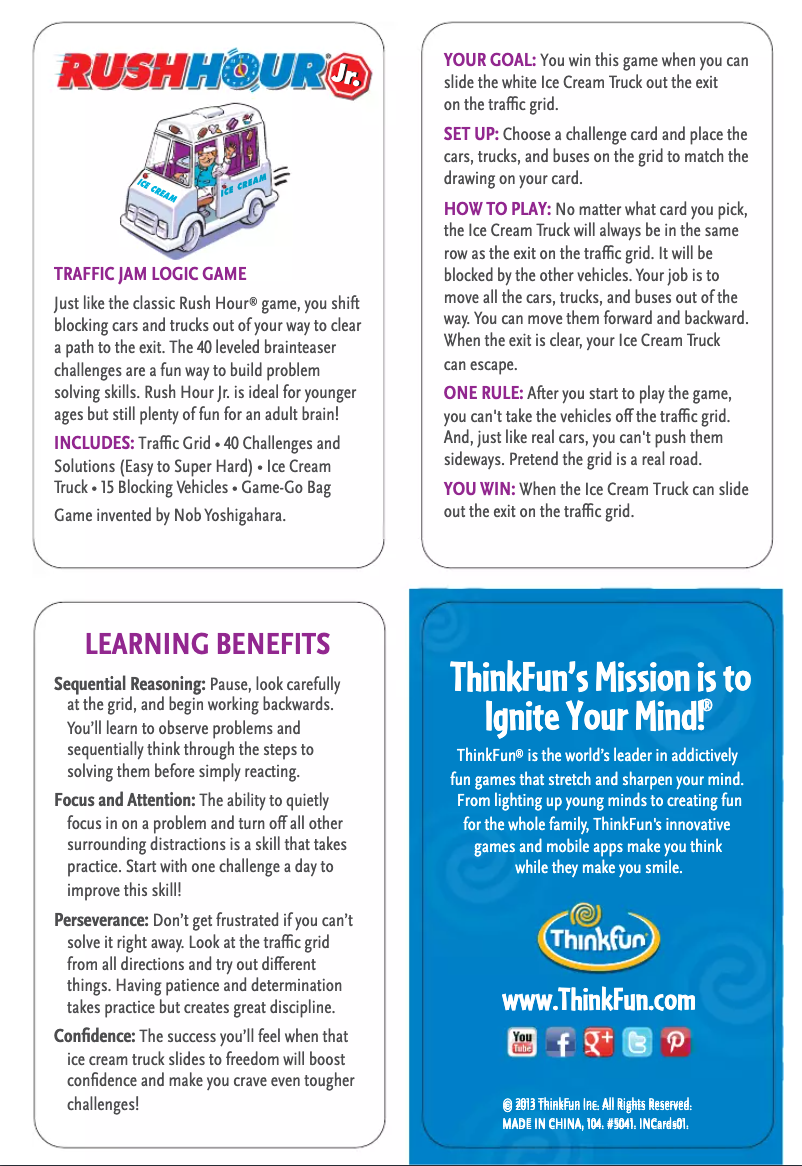 Page n°1 - Manuel utilisateur ThinkFun Rush Hour Junior