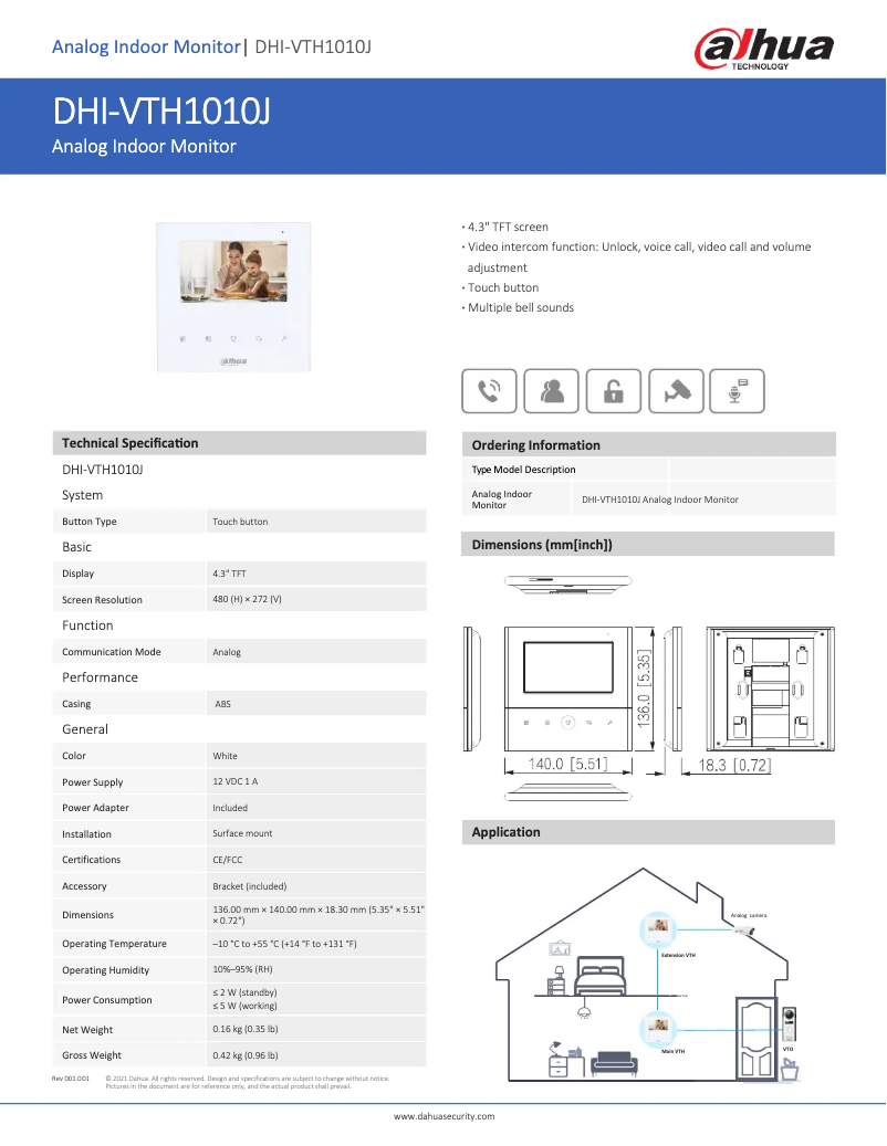 Page 1 de la notice Fiche technique Dahua Technology VTH1010J